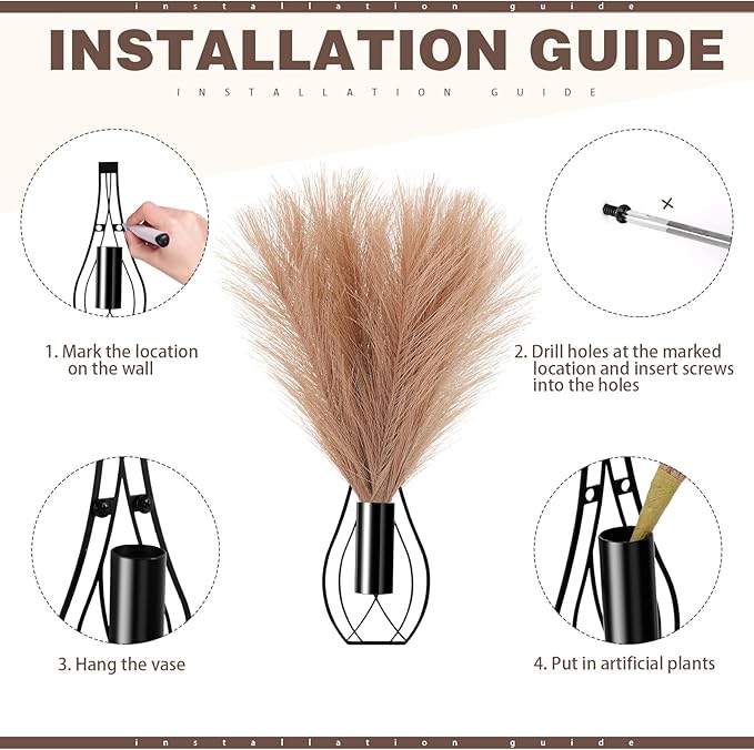 2 Pieces Hanging Plant Wall Decor with Artificial Pampas Grass Metal Hanging Vase Modern Geometric Farmhouse Bohemian Wall Art for Living Room Bedroom Kitchen Office (Black, Light Brown)