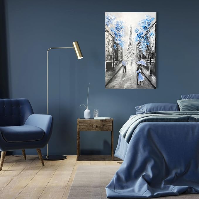 YPY Abstract Paris Canvas Wall Art: Black White Eiffel Tower Picture for Living Room Decor, Blue Grey Hand Painted Textured Oil Painting Large Modern Artwork Home Decoration 24 x 35