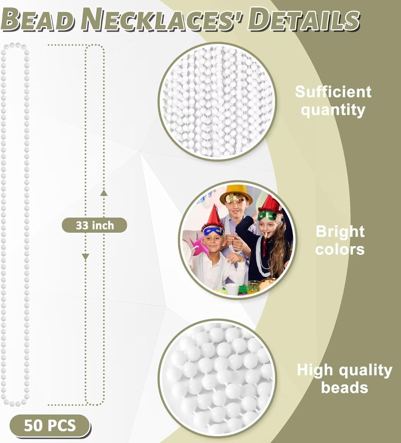 50PCS Bead Necklace, White Mardi Gras Bead Necklace Stuff Party Favors, 33" Mardi Gras Beads Necklaces, Festival Parade Throw Accessories for Wedding Birthday Celebrations Decorations