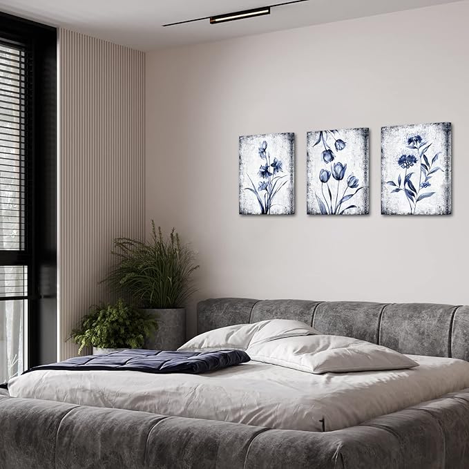 KREATIVE ARTS 3 Pieces Canvas Wall Art Navy Blue and Grey Flower Painting Art Prints Vintage Floral Picture Artwork Modern Bedroom Bathroom Wall Decor Framed Ready to Hang Each Panel 12x16 Inches