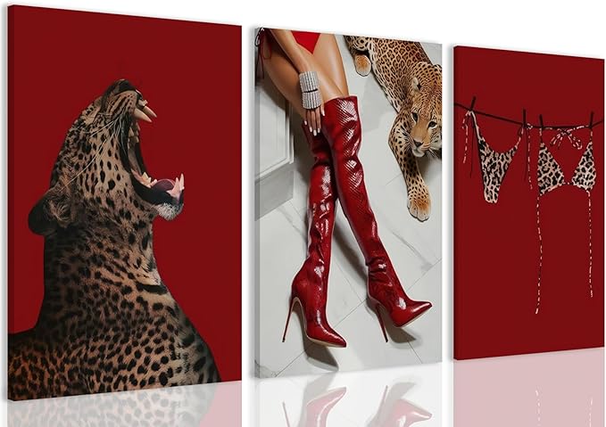3Pcs Red Fashion Leopard Wall Art Cheetah Wall Decor Pictures Fashion Retro Long Boots Poster Chic Bikini Painting Artwork for Living Room Bedroom Bathroom Corridor Home Decoration 12x16 Framed