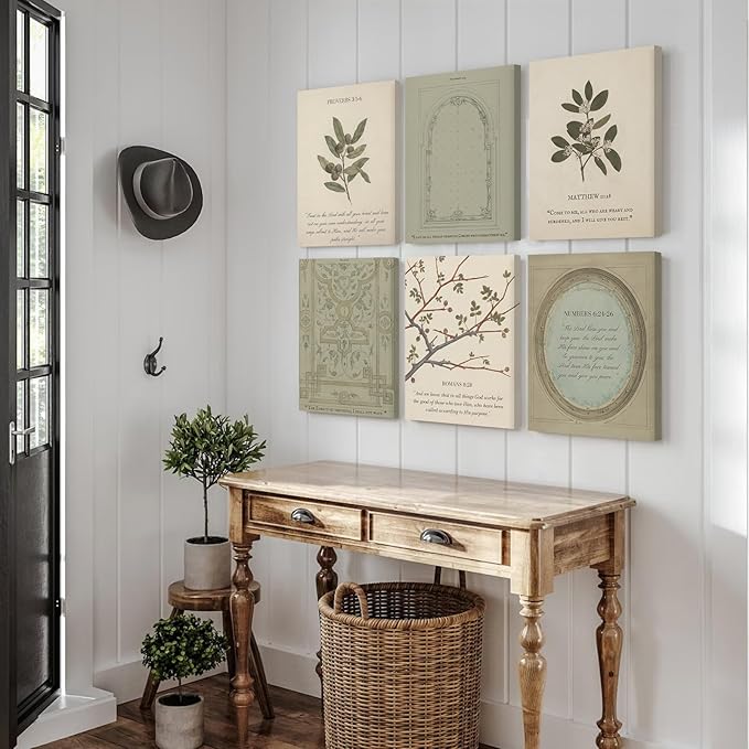 Sage Green Christian Wall Art Posters Vintage Bible Verse Canvas Wall Decor Scripture Botanical Art Prints Religious Pictures Christian Paintings Artwork Living Room Bedroom 12x16x6 Inch Ready to Hang