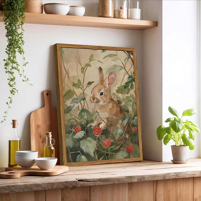 Framed Vintage Rabbit Wall Art, Cute Bunny Pictures Wall Decor, 3D Textured Sandstone Rustic Animal Botanical Paintings Prints Cottagecore Home Decor for Living Room Bedroom Nursery 12x16 inch