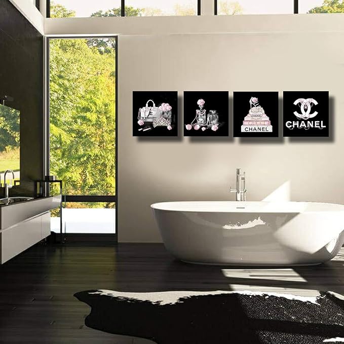 Black And White Wall Art/Pink Book Pictures Room Decor for Teen Girls/Women Handbag Perfume Wall Decor for Living Room/Fashion Canvas Artwork Size 10"x 10"x 4 Pieces