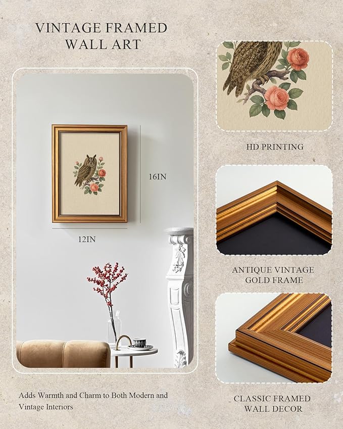 InSimSea Gold Framed Canvas Prints Wall Art, Vintage Birds Decor, Birds Owl Roses Paintings Farmhouse Wall Decor Aesthetic, Antique Minimalist Pictures for Bedroom Living Room Shelf, 12x16inch