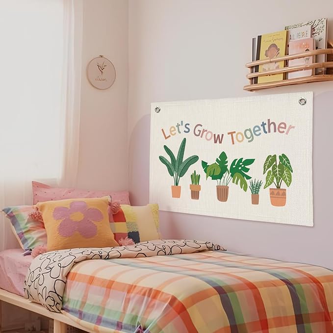 Plant Classroom Decor, Back to School Decorations, Positive Affirmations Green Wall Decor Canvas Banner, Lets Grow Together Nature Education Wall Art