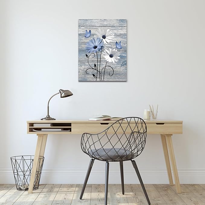 MYUSRE Blue and White Flower Wall Art for Bathroom, Farmhouse Daisy with Butterfly on Retro Wooden Canvas Wall Art Country Wildflower Pictures for Bedroom Home Wall Decor, 20L X 16W inches
