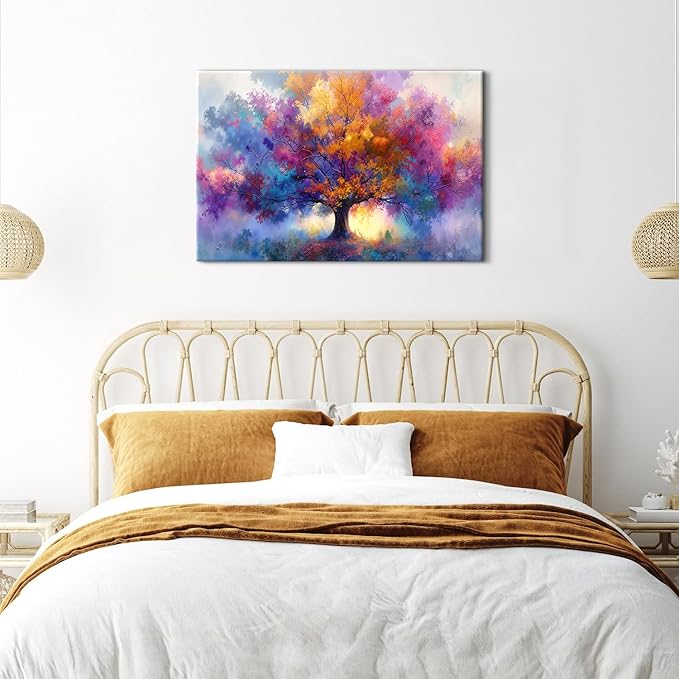 Vibrant Tree of Life Wall Art Colorful Framed Tree Canvas Prints for Living Room Abstract Nature Flowers Trees Canvas Artwork Watercolor Paintings Artwork for Bedroom Kitchen Home Decoration 24x36