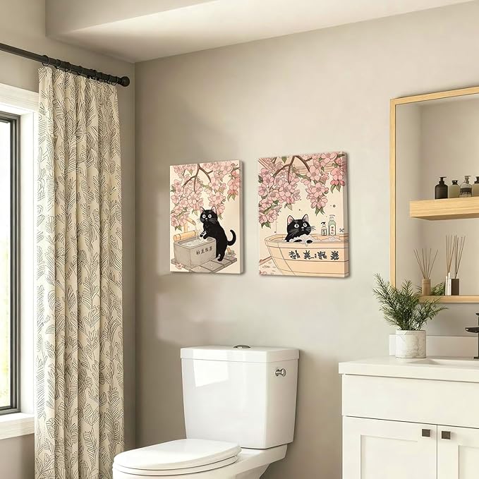 Funny Japanese Bathroom Wall Art Set of 3, Whimsical Black Cat Bathroom Wall Decor Painting Cute Japan Animal on Toilet Reading Poster Canvas Prints 16x24 inch Framed