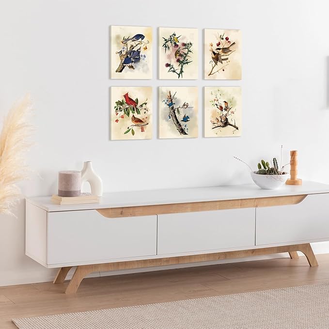 CHDITB Vintage Bird Framed Canvas Wall Art, Spring Birds Illustration, Nature Wildlife Wall Decor, Botanical Bird Poster, Retro Watercolor Art Prints For Living Room Bedroom Kitchen Decor 8”X10”x6