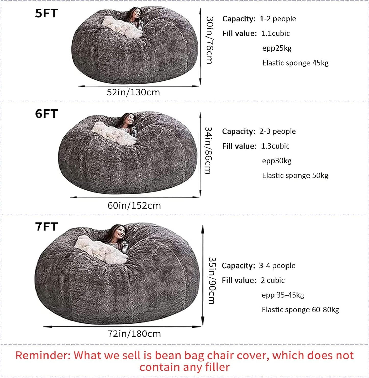 Big Huge Giant Bean Bag Chair for Adults, (No Filler) Bean Bag Chairs in Multiple Sizes and Colors Giant Foam-Filling Required- Machine Washable Covers, Double Stitched Seams (Blood red,5FT)