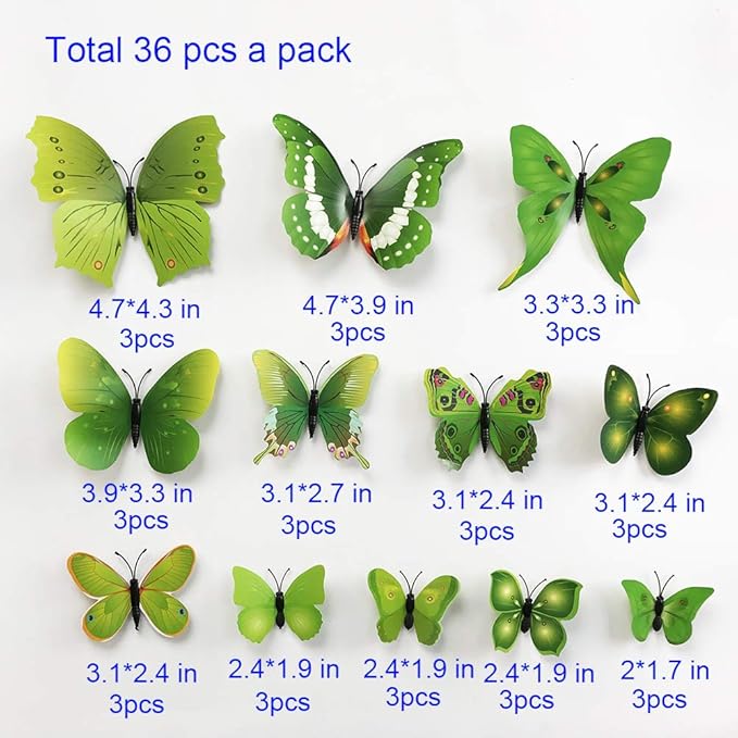 36pcs 3D Colorful Butterfly Wall Stickers DIY Art Decor Crafts for Party Nursery Classroom Offices Kids Girl Boy Baby Bedroom Bathroom Living Room Magnets and Glue Sticker Set1(Green-Single Wing)