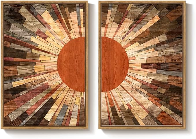 Framed Boho Mid Century Sun Wall Art for Living Room, Set of 2 Retro Abstract Sunrise Canvas Artwork for Walls, Vintage Earth Tone Painting Prints Wall Art Decor for Bedroom Hallway Office, 24x36 Inch