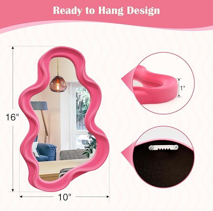 Wavy Mirror Wall Decor for Living Room, Asymmetrical Wall Mounted Mirror for Girly Bedroom Decoration, Velvet Touch Decorative Tray Home Accent for Dining Room Kitchen (Pink)