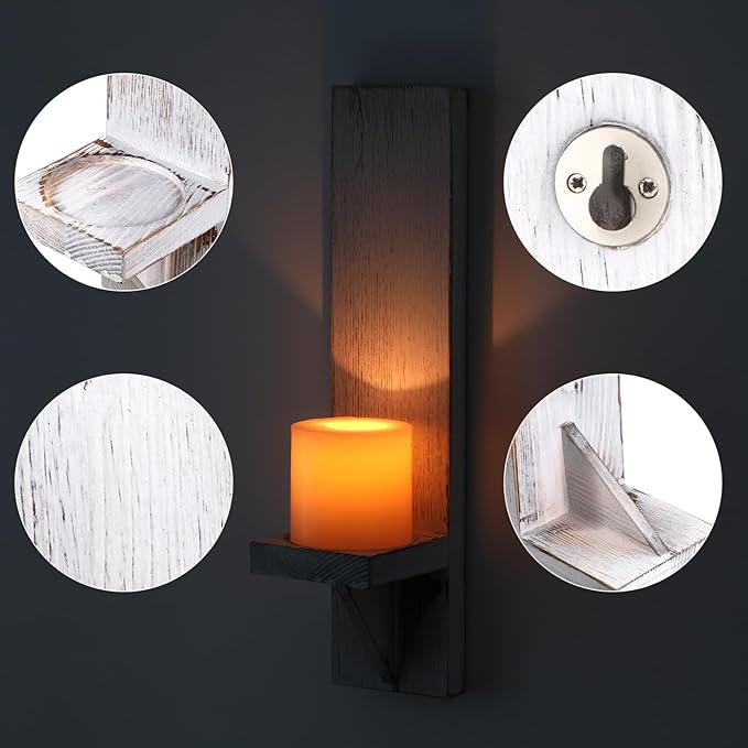 OwnMy Set of 2 Wooden Wall Candle Sconces Rustic Wall Pillar Candle Sconces, Vintage White Hanging Wall Candle Sconce Farmhouse Candle Holders for Living Room