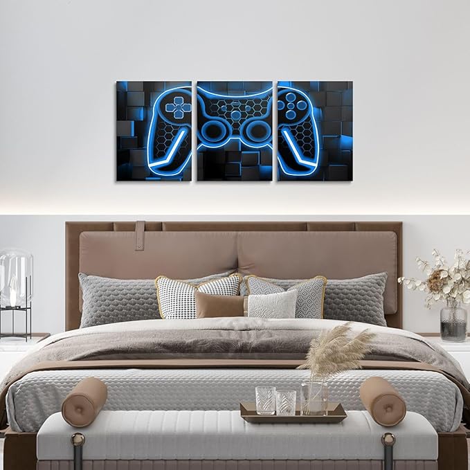 Feelyou Gamer Canvas Wall Art Gaming Bathroom Wall Art for Home Decor 12"x16" 3 Piece for Lighting Honeycomb Game Controller Office Wall Artwork Posters Blue and Black Geometric Wall Painting