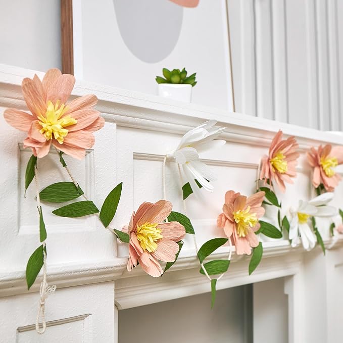 EASY JOY Crepe Paper Flowers Banner White Blush Pink Paper Flower Banner Spring Hanging Paper Flower Garland Paper Leaves Banner for Spring Birthday Wedding Home Decorations