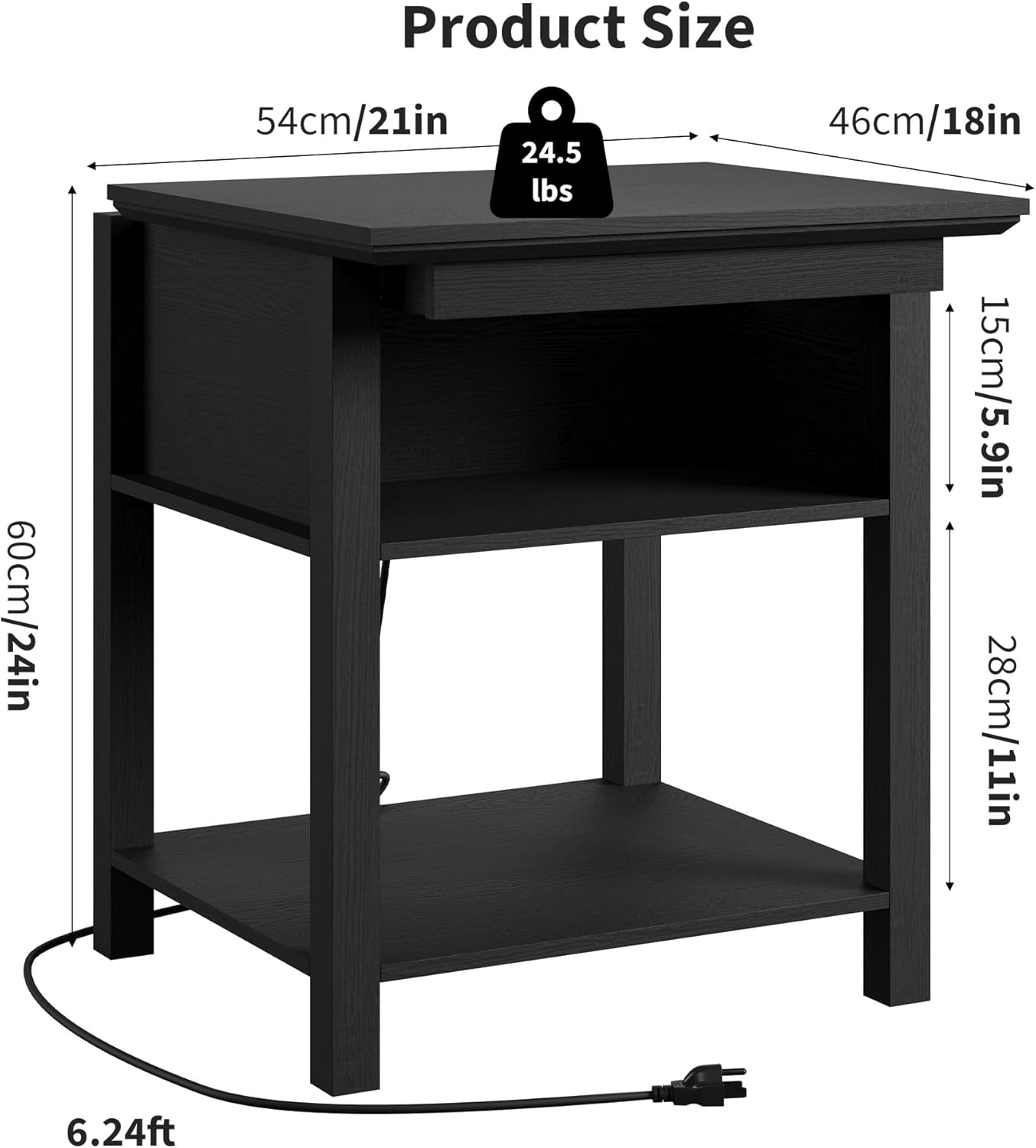 Rresyet Sliding Side Table with Charging Station & 2-Tier Storage,Farmhouse End Table, Wooden Nightstand for Bedroom & Living Room,Black