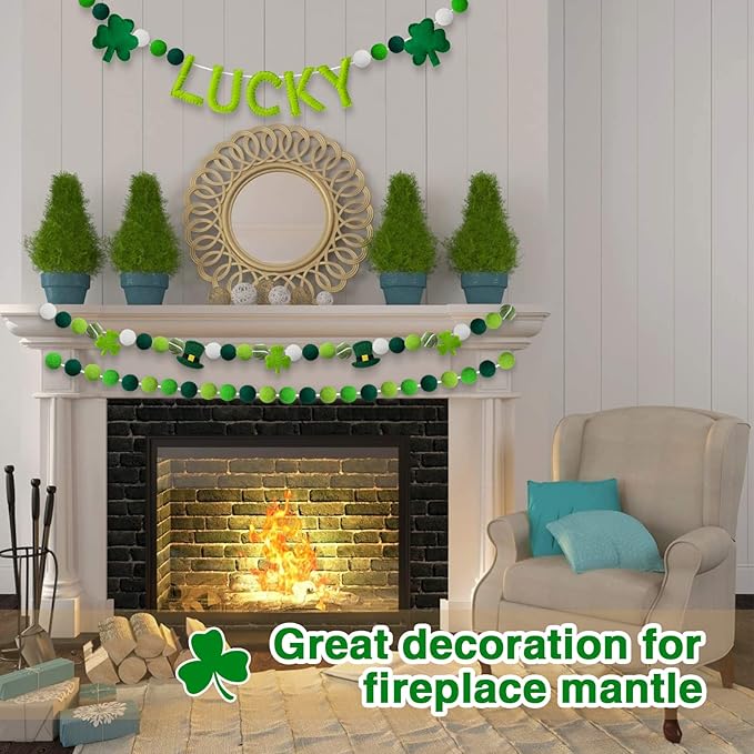 3 Pack Felt St. Patrick's Day Decorations Garland - 6.6 FT Lucky Pom Pom Shamrock Garlands, Green Irish Themed Party Favors for St. Patrick's Day Mantle Home Supplies Decorations