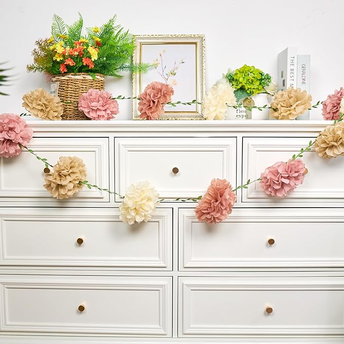 Paper Flower Garland, Rose, Pink, Light Beige, and Cream Color Tissue Paper Flowers Party Decorations, Paper Flowers for Baby Shower, Garden Party, Wedding, Wall Decor, Spring Summer Decor