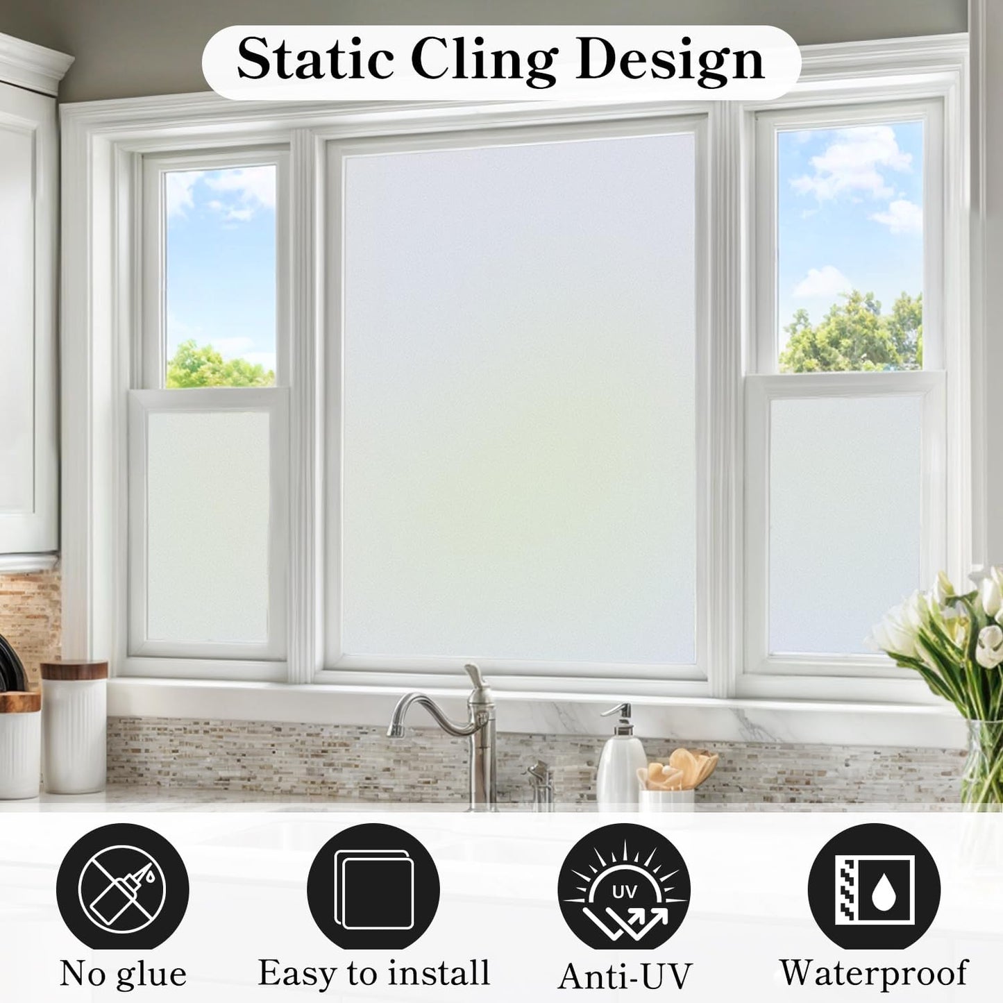 DUOFIRE Privacy Window Film Frosted Glass Film Matte White Static Cling Glass Film No Glue Anti-UV Window Sticker Non Adhesive for Privacy Office Meeting Room Bathroom Living Room DS001W 11.8x78.7in