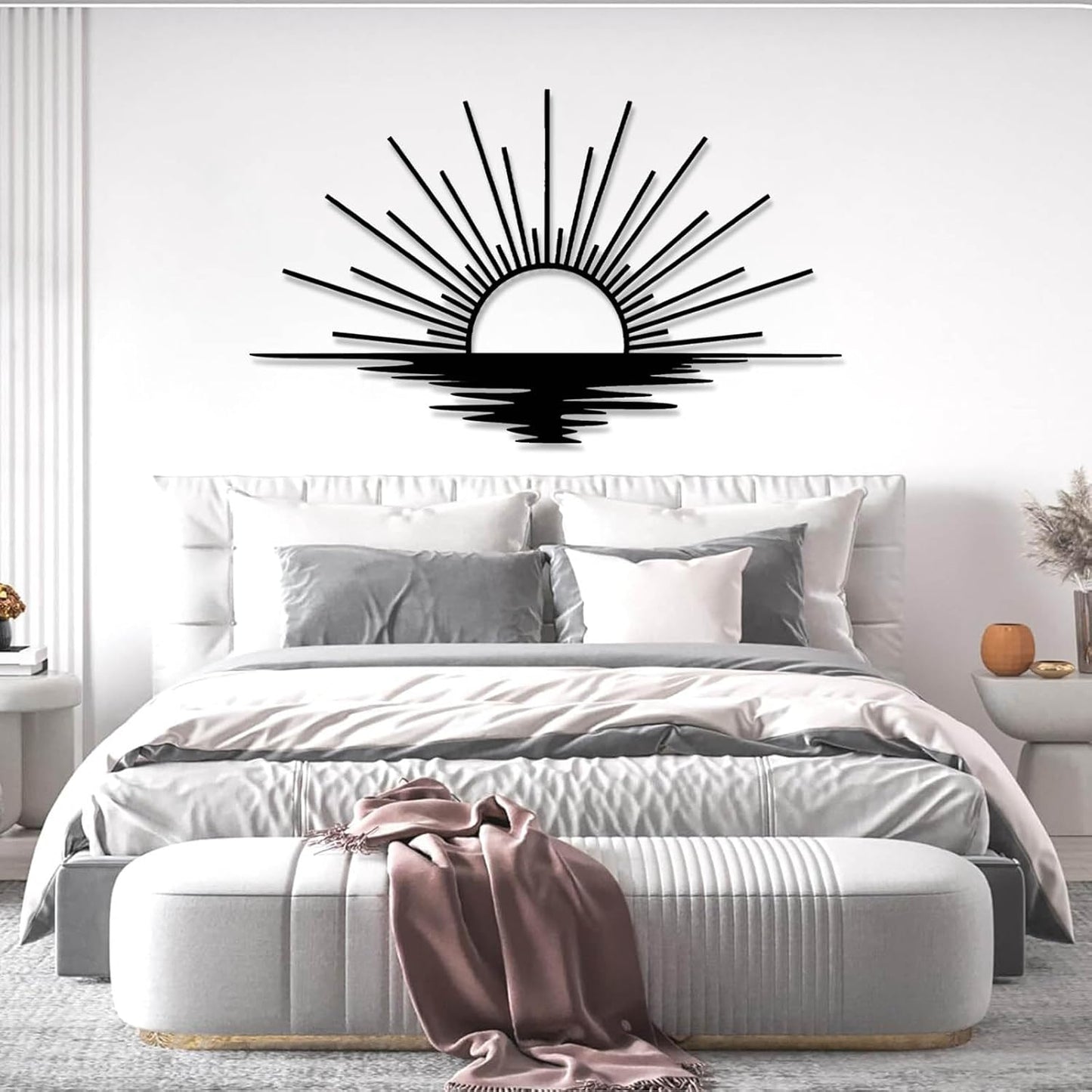 Sunrise Metal Wall Art, Metal Sun Wall Decor, Sun Outdoor Wall Art, Abstract Sunrise Wall Decor, Boho Home Hanging, Living Room Wall Hanging (White, 53"x32"/135x81cm)