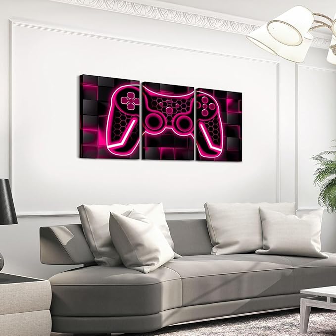 Feelyou Gamer Canvas Wall Art for Living Room 12"x16" 3 Piece Rose Red and Black Picture Wall Decor Gaming Ombre Office Wall Decorations Artwork Posters Geometric Square Wall Painting