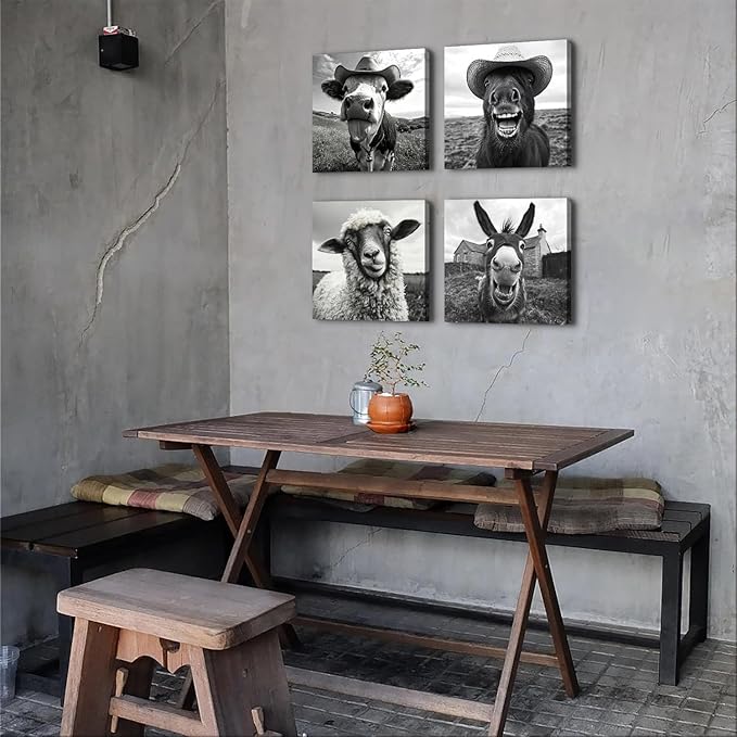 Black and White Funny Animals Wall Art Farmhouse Cow Sheep Donkey Horse Pictures Wall Decor for Kitchen Bedroom Living Room Farm Country Canvas Prints Cowboy Poster Artwork Home Decoration 12x12” 4Pcs