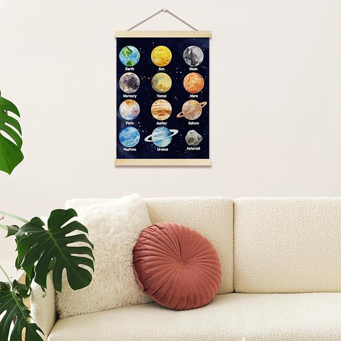 Solar System Posters Hanger Frame for Classroom Outer Space Hanging Poster for Nursery Decor Educational Wall Art Decor for Preschool Kids Room Playroom Canvas Wall Art Print 16x12 Inch - YY060