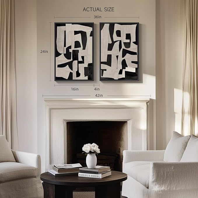Framed Black and Beige Abstract Wall Art, 2 Piece Canvas Prints Paintings Artwork for Walls, Modern Minimalist Abstract Pictures for Living Room Hallway Bedroom Office Bathroom Wall Decor 16x24 In