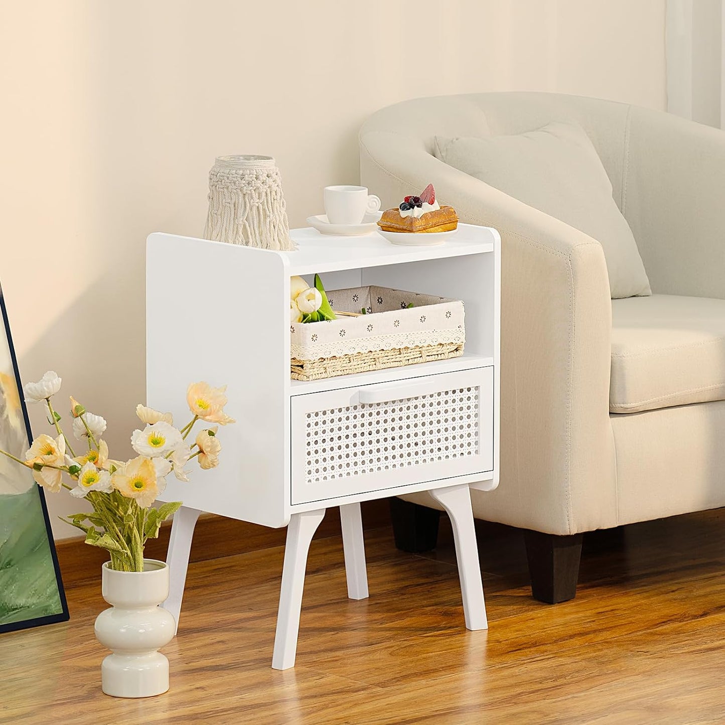 Lerliuo Rattan Nightstands Set of 2, Side Table with Drawer Open Shelf, Cane Accent Bedside End Table with Solid Wood Legs, Mid Century Modern Night Stand for Bedroom, Dorm and Small Spaces (White)