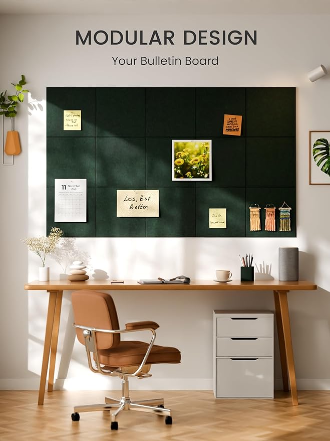 Bumusty Large Cork Board 36" x 24" Alternative - 6 Pack Felt Wall Tiles with 40 Safe Removable Adhesive Tabs, 30 Pushpins, Cork Boards for Walls Pin Board Bulletin Board Office Decor (Pine Green)