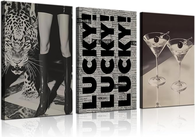 Trendy Leopard Canvas Wall Art Fashion Cheetah Lucky Martini Wall Decor Pictures Funky Vintage Preppy Luxury Aesthetic Posters Prints for Girly Bedroom Apartment Dorm Decoration 12x16in