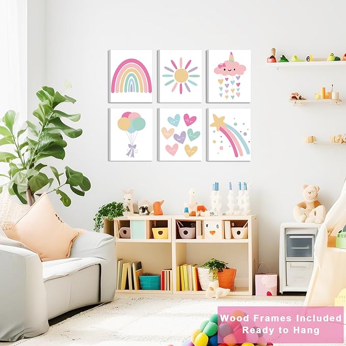 FRAMED Rainbow Wall Decor for Girls Bedroom, Canvas Rainbow Wall Art, Colorful Wall Decor Prints for Nursery Toddler Girls Room Decor (Set of 6, 8x10 Inch, Framed)