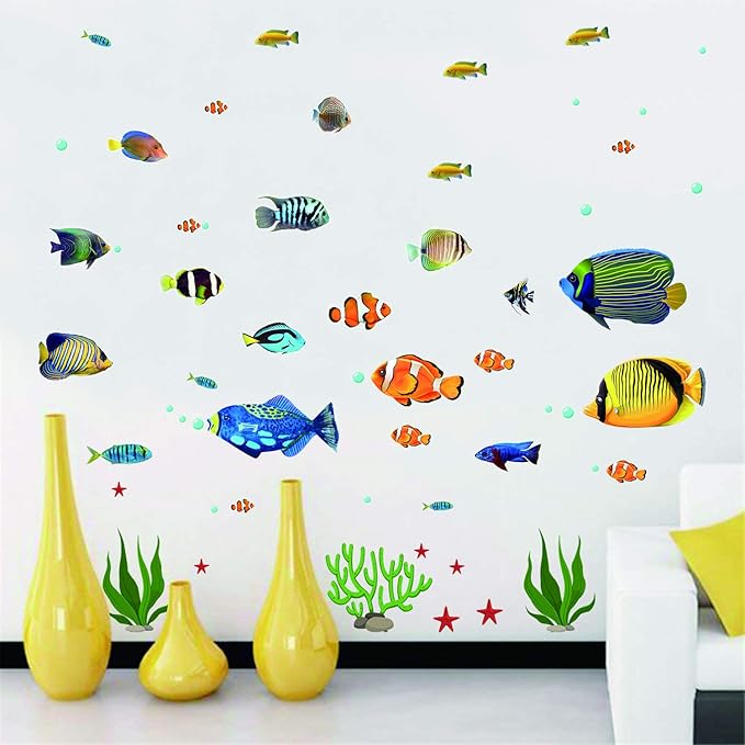 Fish Wall Stickers Under The Sea Decorative Wall Decals Coral Reef Fish Wall Stickers Peel and Stick Starfish Wall Art Sticker Decals for Kids Nursery Bedroom Living Room