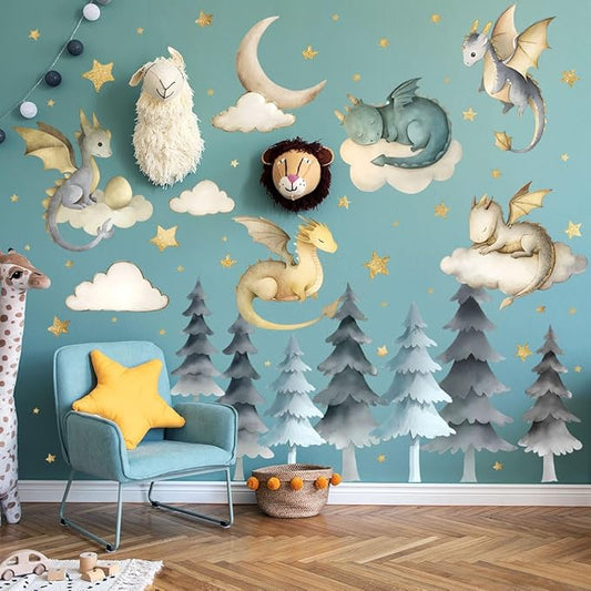Dragon Wall Stickers,Peel and Stick Colorful Flying Dragon,White Clouds, Stars.Tree Self-Adhesive Mural，Removable Wall Sticker for Living Room Baby Nursery Kids Room Wall Decor (Large Dragon Decal)