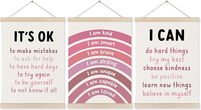 Koesus Inspirational Classroom Pink Rainbow Wall Art Poster Hanger Frame 12x16 Inch Set of 3, Positive Affirmations for Kids, Motivational Canvas Prints Framed Wall Decor for Classroom Kids Room