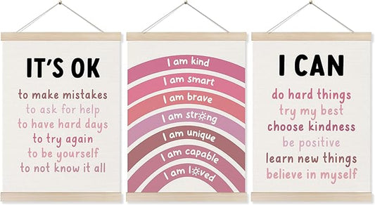Koesus Inspirational Classroom Pink Rainbow Wall Art Poster Hanger Frame 12x16 Inch Set of 3, Positive Affirmations for Kids, Motivational Canvas Prints Framed Wall Decor for Classroom Kids Room