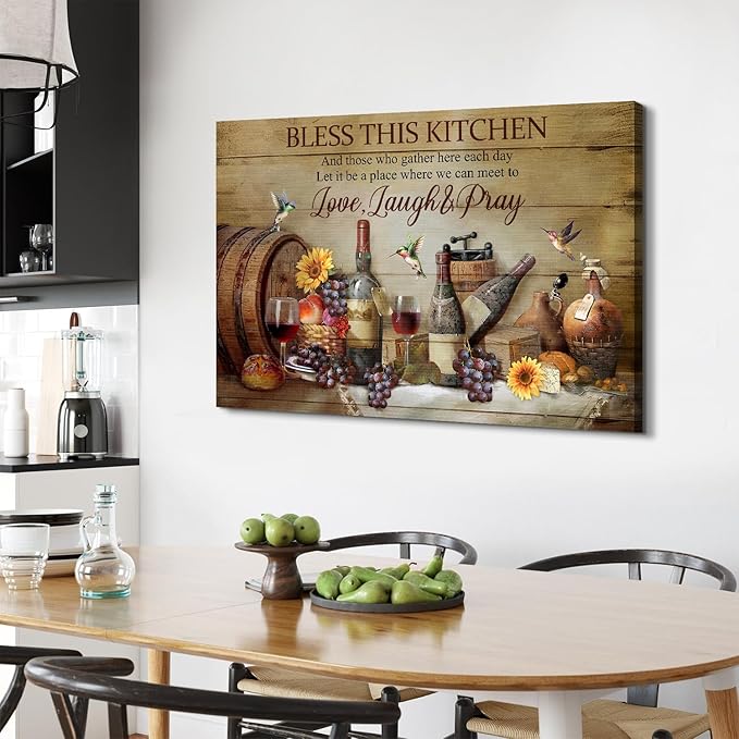 Bless This Kitchen Wall Art for Dining Room Picture Wall Decor, Vintage Farmhouse Fruit Wine Poster Canvas Prints Rustic Inspirational Quotes Painting Artwork for Living Room Home Decorations 32x48"
