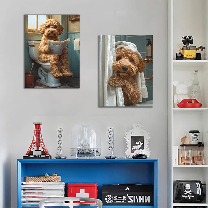 Yaneiro Funny Bathroom Canvas Wall Art-Set of 2 Poodle On Toilet Reading Newspaper Wall Decor Goldendoodle In Shower Humor Animal Poster Picture for Dog Lovers Restroom Ideas Decor 16x24 Inch Framed
