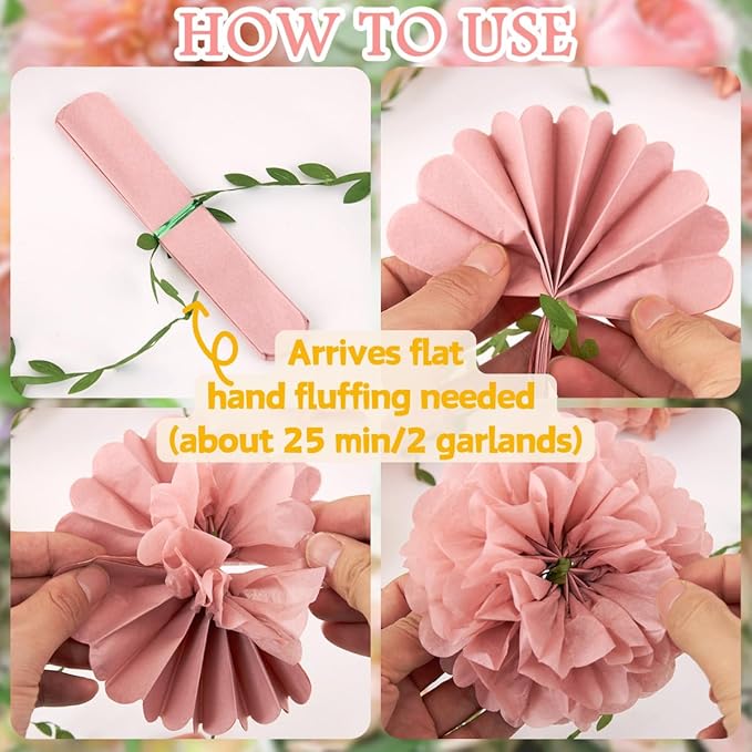 Paper Flower Garland, Rose, Pink, Light Beige, and Cream Color Tissue Paper Flowers Party Decorations, Paper Flowers for Baby Shower, Garden Party, Wedding, Wall Decor, Spring Summer Decor