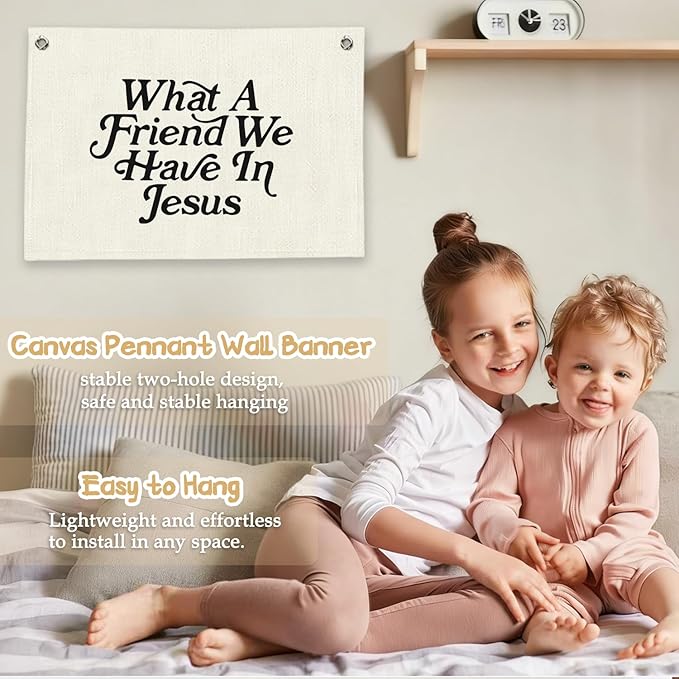 RTXLEZM Kids Room Decor, What a Friend We Have in Jesus Christian Canvas Banner Wall Hanging, Minimalist Bible Verse Wall Art Prints for for Classroom, Playroom，Nursery, Kids Room, 20x30 Inch