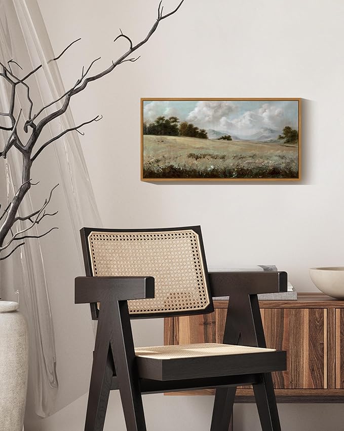 SHENIFY Vintage Framed Wall Art Rustic Grassland Meadow Landscape Painting Retro Wilderness Scenery Farmhouse Kitchen Living Room Decor - 8x16in Natural Framed