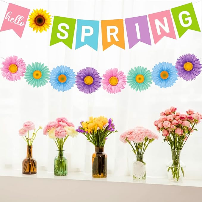 Hello Spring Banner Colorful Flower Hanging Swirls Sun Flowers Daisy Pattern Hanging Banner for Spring Easter Party Decorations Mantle Fireplace Indoor Outdoor Home Classroom Decorations