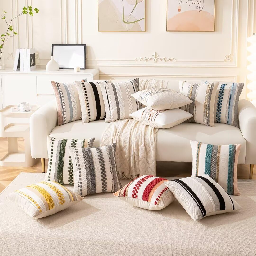 Boho Throw Pillow Covers 18x18 Set of 2 Farmhouse Decorative Cushion Case Striped Square Pillows Cover Chenille Pillow Cases Accent Neutral Pillowcase for Sofa Couch Bed,Black and White