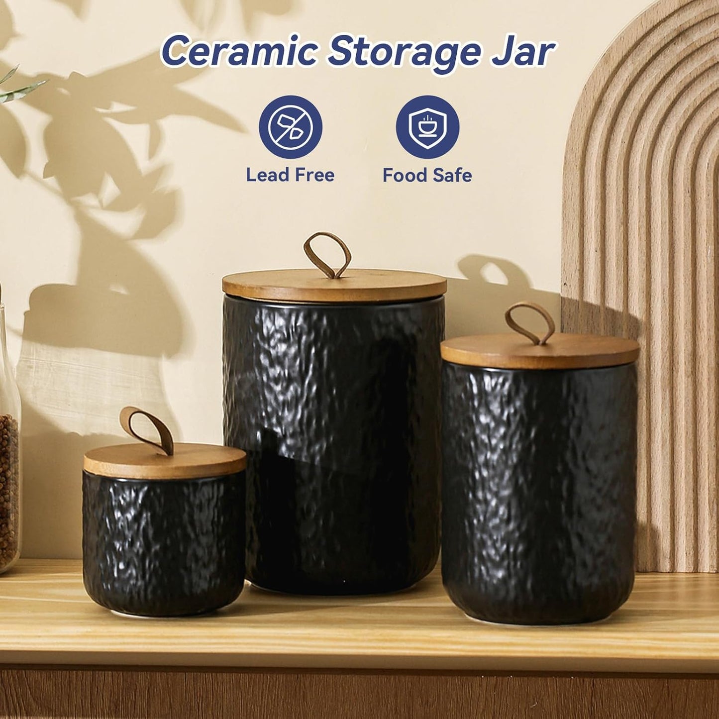 Kitchen Canisters for Countertop, Ceramic Coffee Canisters with Airtight Lids Food Storage Jars Sugar Container for Kitchen Counter Tea, Coffee Beans, Spice (#001Black-9oz/260ml)
