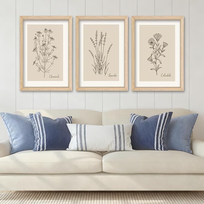 YWJKWLGS Framed Vintage Botanical Wall Art Set of 3, Natural Wood Frame Wildflower Prints, Minimalist Rustic Farmhouse Decor, 11x16 inch Art for Living Room Bedroom Office