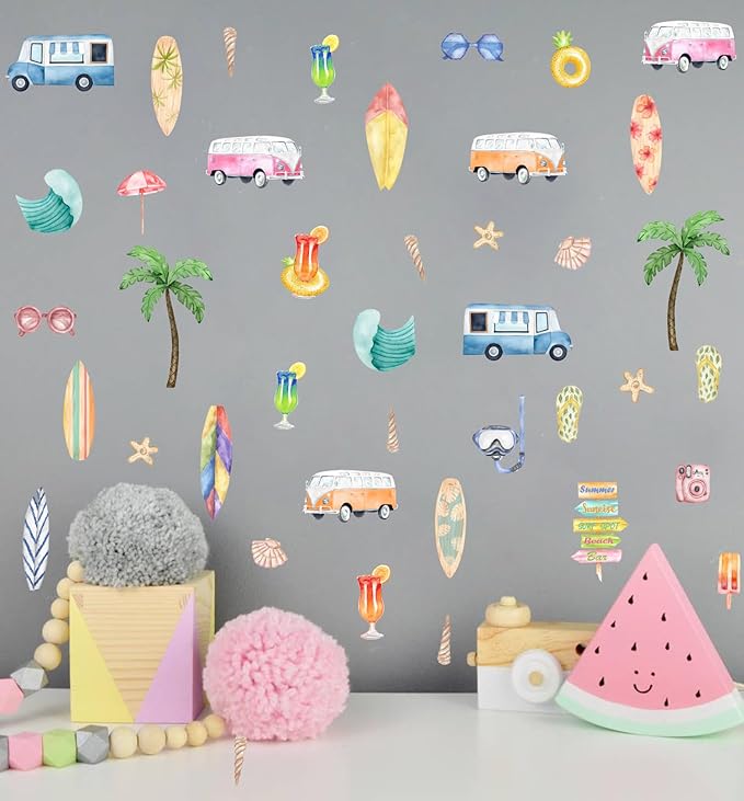 Watercolor Summer Surfing Wall Decal, Palm Tree Juice Surfboard Car Vinyl Wall Stickers, Removable Surfer Beach Artwork for Kids Bedroom Playroom Decor