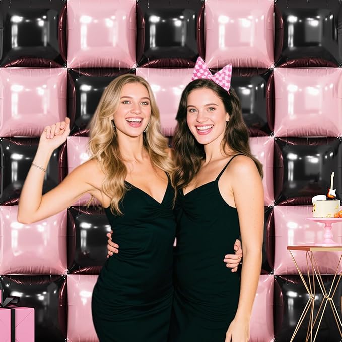 NISOCY 25PCS Black and Pearl Pink Square Foil Balloons Wall Backdrop Double Sided Black and Pearl Pink Balloons Arch Kit for Birthday Party Anniversary Wedding Baby Shower Decorations