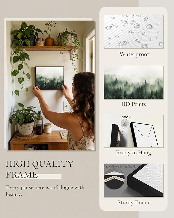 SHENIFY Green Fog Pine Tree Forest Vintage Framed Wall Art Modern Landscape Scenery Farmhouse Artwork Prints Decor for Kitchen Living Room Bedroom Bathroom - 8x10in Black Framed